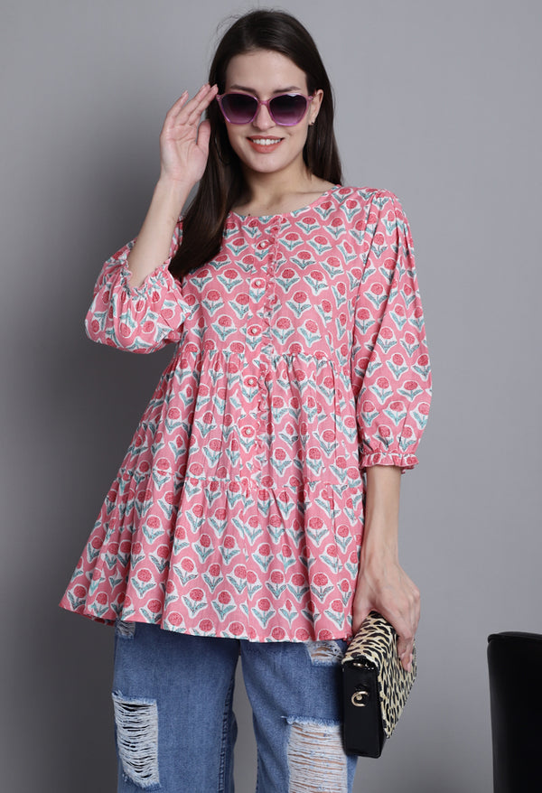 Peach Pure cotton Jaipuri Printed Short Top