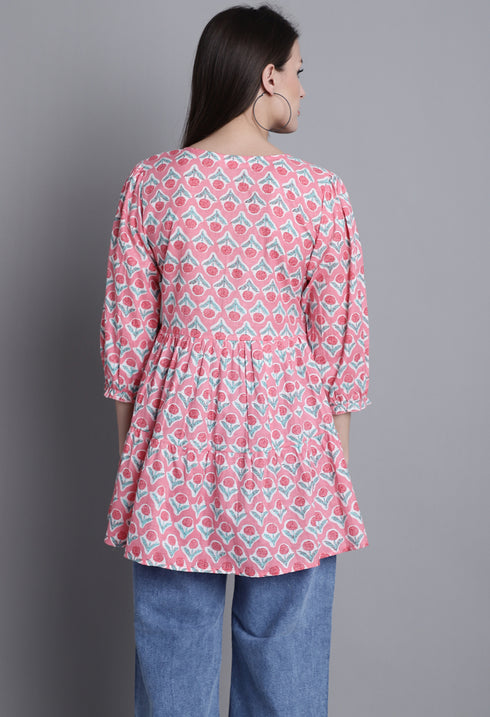 Peach Pure cotton Jaipuri Printed Short Top