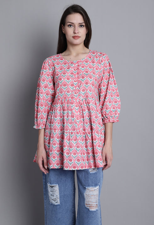 Peach Pure cotton Jaipuri Printed Short Top