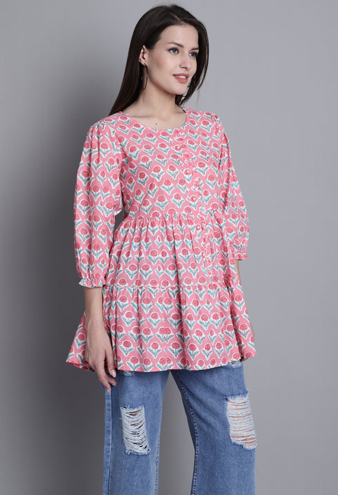 Peach Pure cotton Jaipuri Printed Short Top