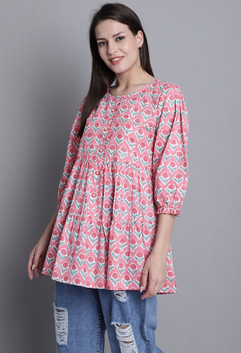 Peach Pure cotton Jaipuri Printed Short Top