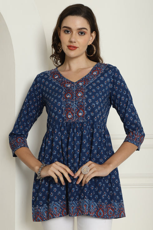 Blue Pure Cotton Jaipuri Printed Short Top