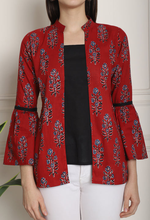 Maroon & Black Pure cotton Jaipuri Printed Short Top