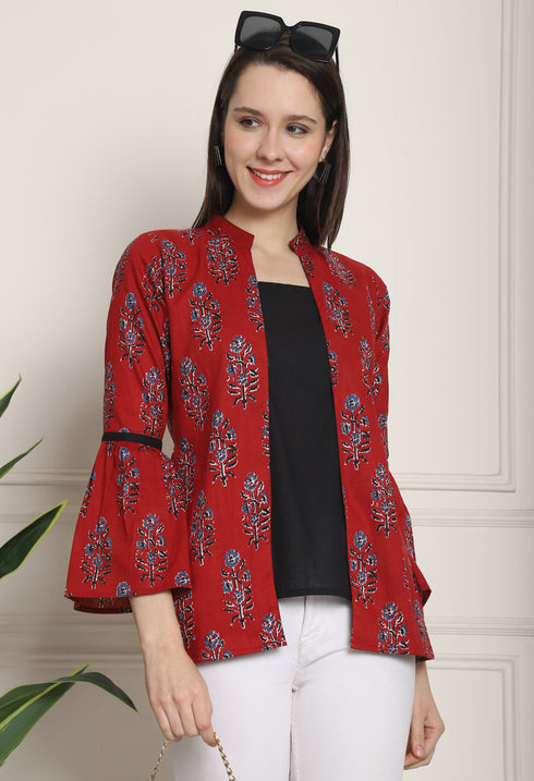 Maroon & Black Pure cotton Jaipuri Printed Short Top