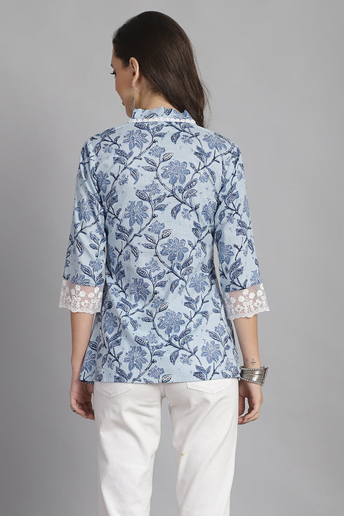 Sky Blue Pure Cotton Floral Printed Short Top