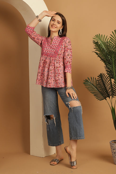 Light Pink Pure Cotton Floral Printed Short Top