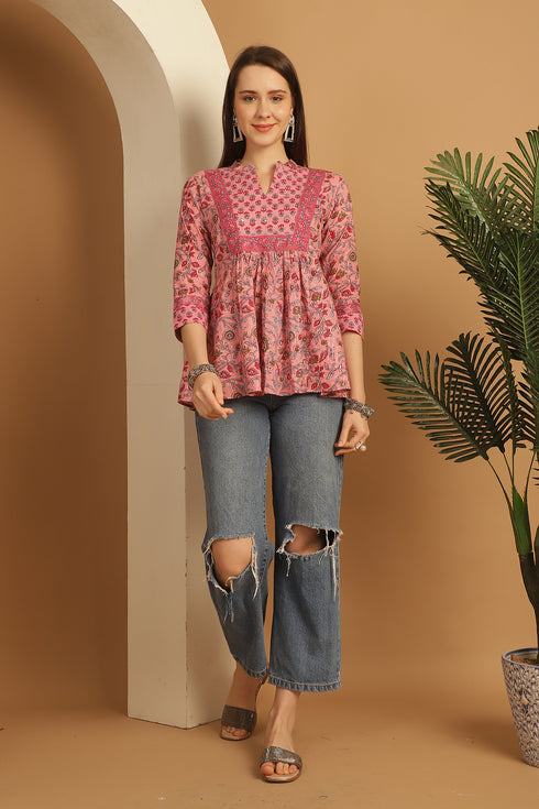 Light Pink Pure Cotton Floral Printed Short Top