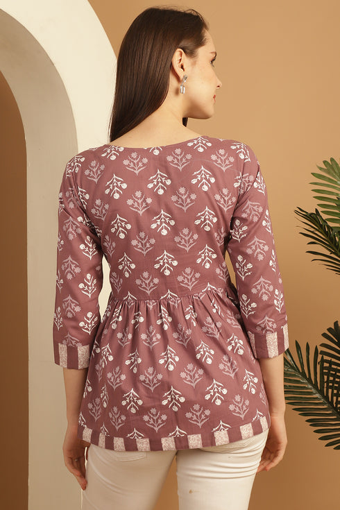 Dusty Mauve Pure Cotton Floral Printed Short Top