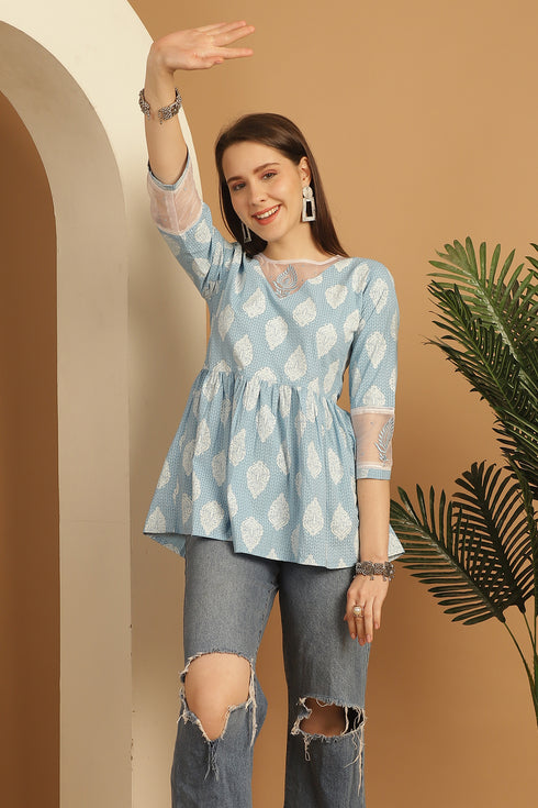 Sky Blue Pure Cotton Block Printed Short Top