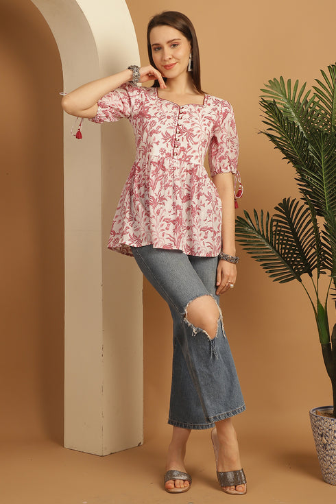 White & Dusty Pink Pure Cotton Jaipuri Printed Short Top