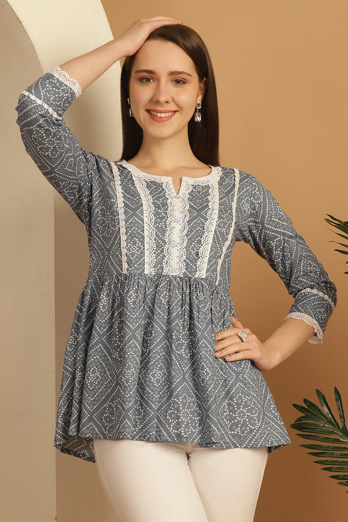 Grey & White Pure Cotton Bandhani Printed Short Top