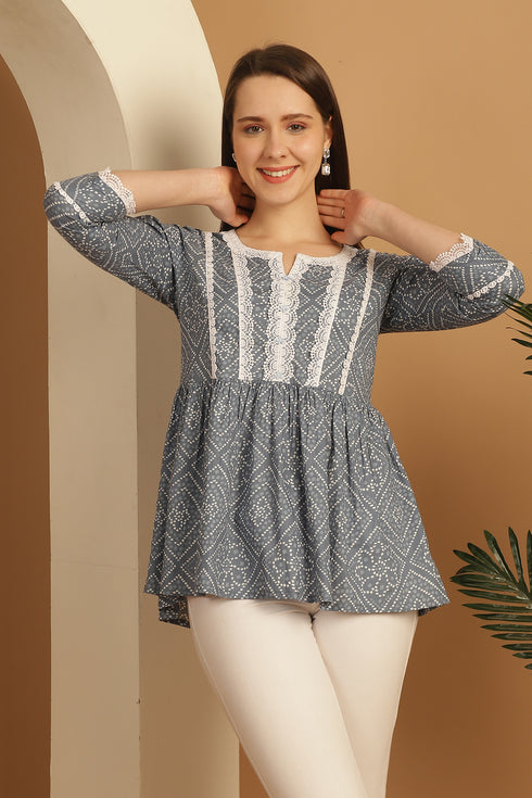 Grey & White Pure Cotton Bandhani Printed Short Top
