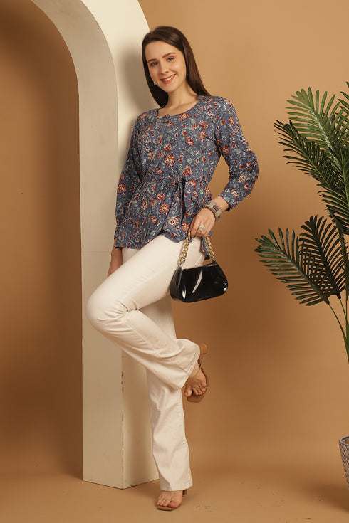 Blue Pure Cotton Floral Printed Short Top