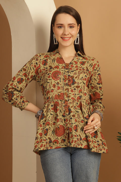 Beige Pure Cotton Floral Printed Short Top