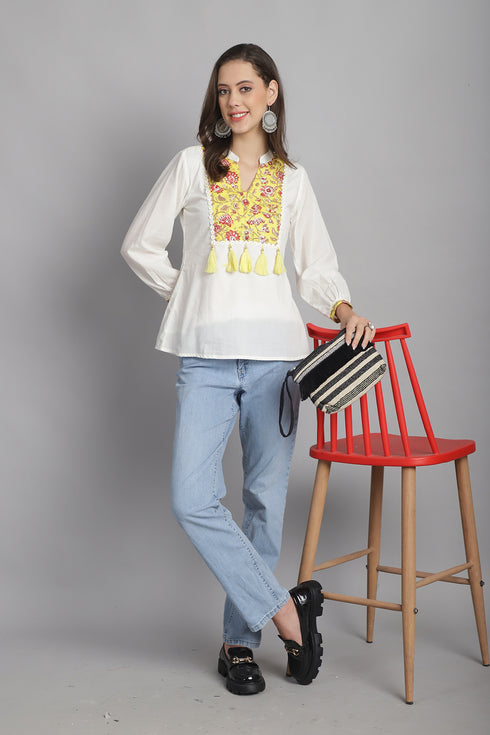 White & Yellow Pure Cotton Floral Printed Short Top