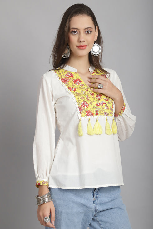 White & Yellow Pure Cotton Floral Printed Short Top