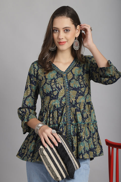 Navy Blue Pure Cotton Floral Printed Short Top