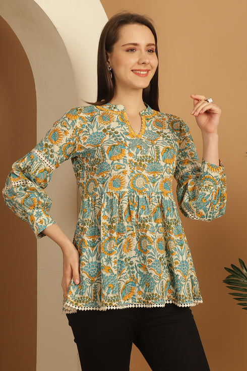 White & Sky Blue Pure Cotton Floral Printed Short Top