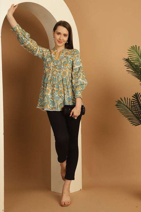 White & Sky Blue Pure Cotton Floral Printed Short Top