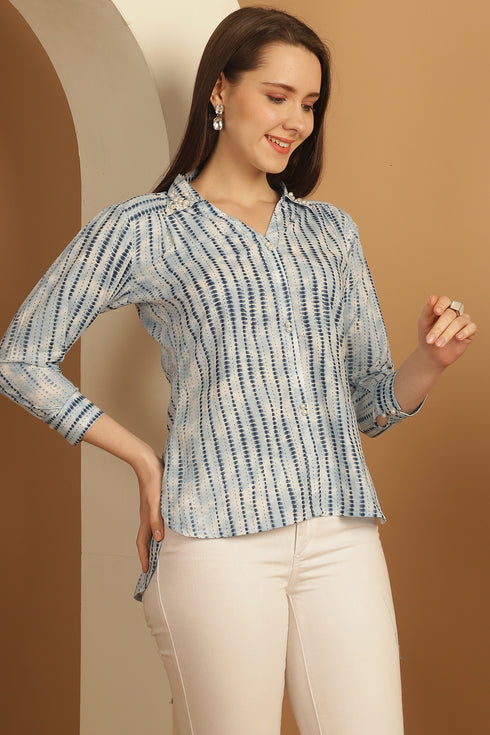 White & Blue Pure Cotton Tie-Die Printed Short Top