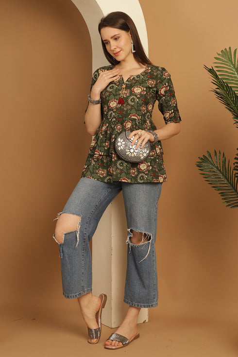 Green Pure Cotton Floral Printed Short Top