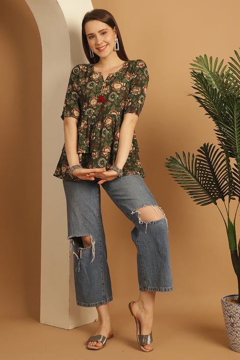 Green Pure Cotton Floral Printed Short Top