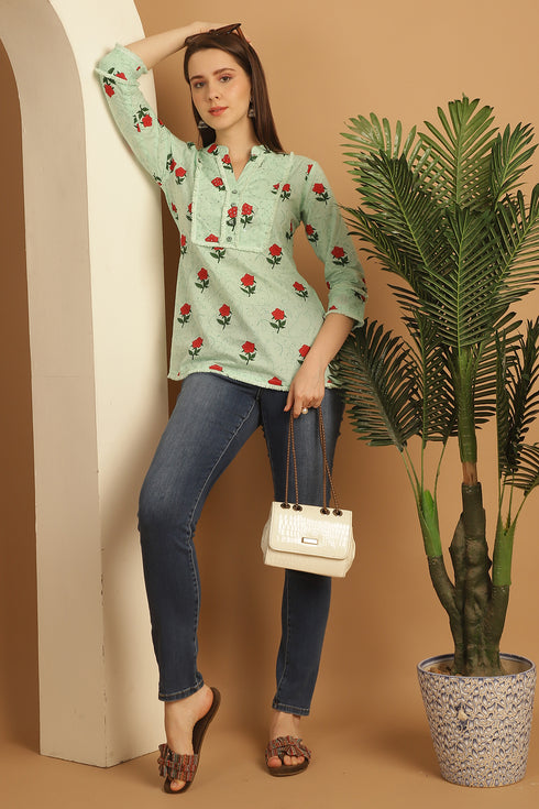 Light Green Pure Cotton Floral Printed Short Top
