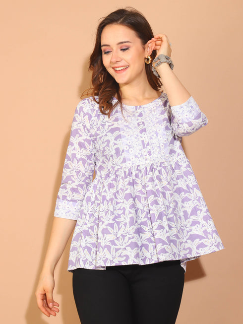 Lavender Pure Cotton Foil Printed Short Top