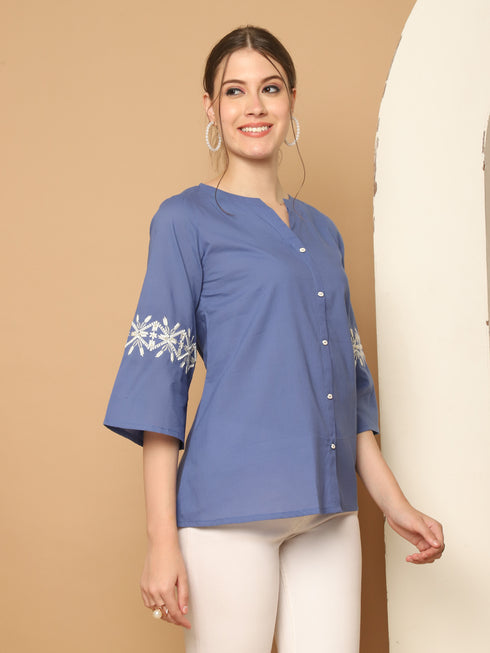 Blue Pure Cotton Embroidered Short Top