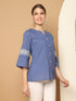 Blue Pure Cotton Embroidered Short Top