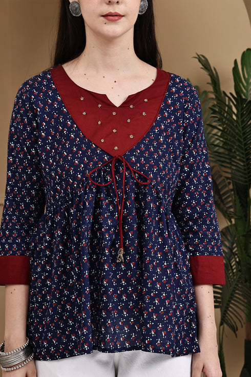Navy Blue & Maroon Pure Cotton Floral Printed Short Top