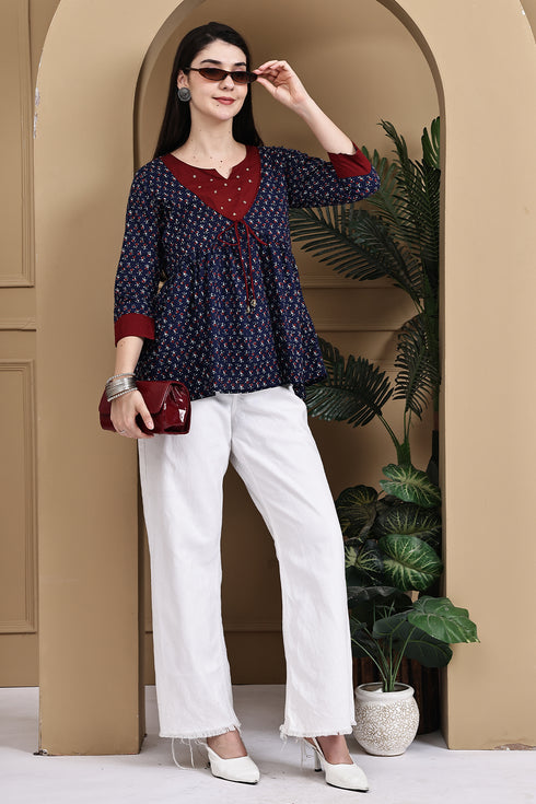 Navy Blue & Maroon Pure Cotton Floral Printed Short Top