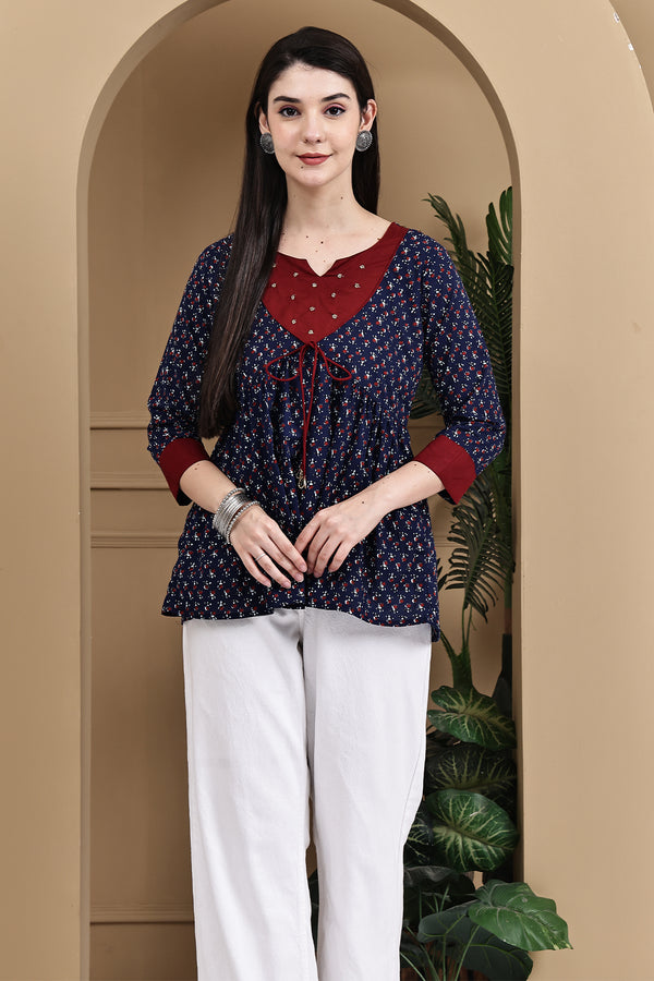 Navy Blue & Maroon Pure Cotton Floral Printed Short Top