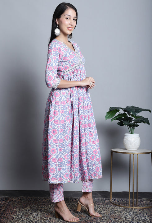 Pure Cotton Jaipuri Printed And Embroidered Kurta Set With Dupatta