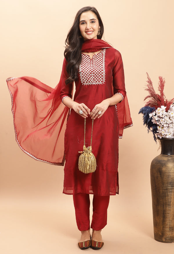 Pure Chanderi Silk With Inner Embroidered Kurta Set With Dupatta