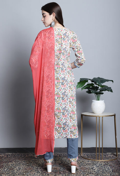 White Pure Cotton Jaipuri Printed And Embroidered Kurta Set With Dupatta