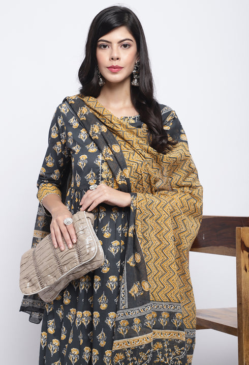 Grey & Mustard Pure Cotton Jaipuri Printed And Embroidered Kurta Set With Dupatta