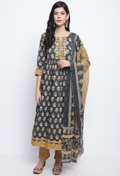 Grey & Mustard Pure Cotton Jaipuri Printed And Embroidered Kurta Set With Dupatta