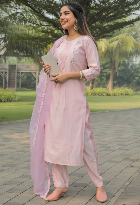 Pink Silk Embroidered Kurta Set With Dupatta