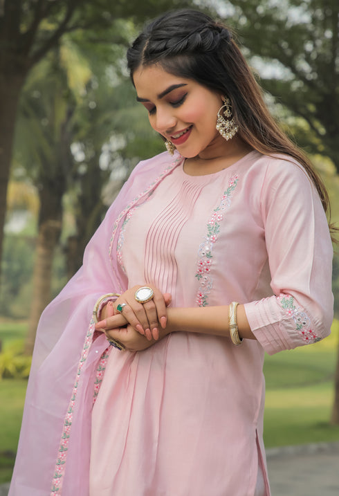 Pink Silk Embroidered Kurta Set With Dupatta