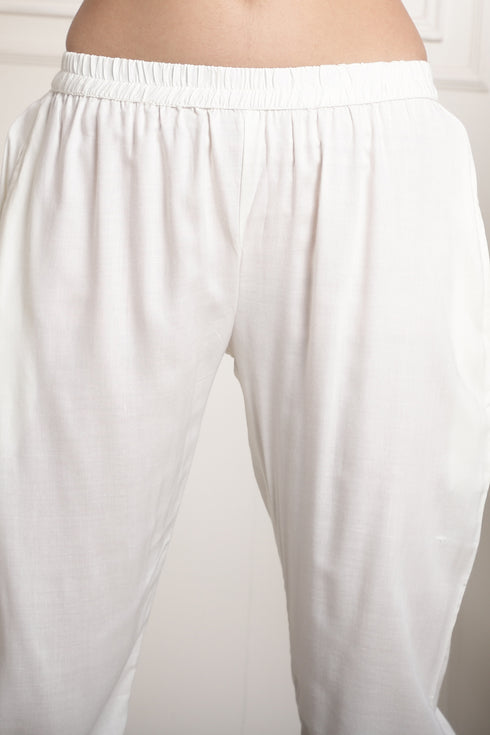 White Rayon Embroidered Straight Kurta & Pant With Dupatta