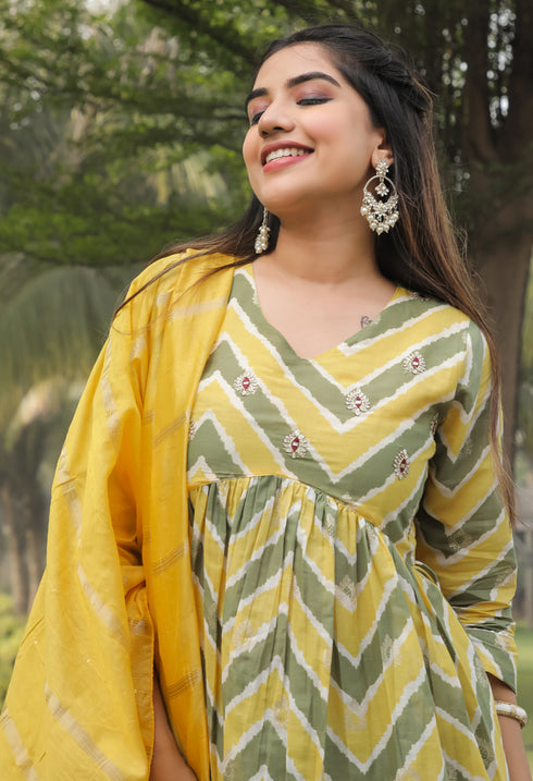 Yellow & Green Pure Cotton Jaipuri Printed And Embroidered Kurta Set With Dupatta