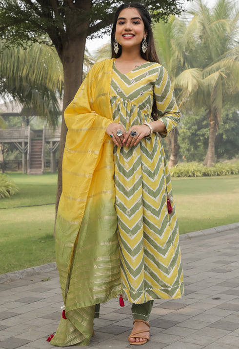 Yellow & Green Pure Cotton Jaipuri Printed And Embroidered Kurta Set With Dupatta