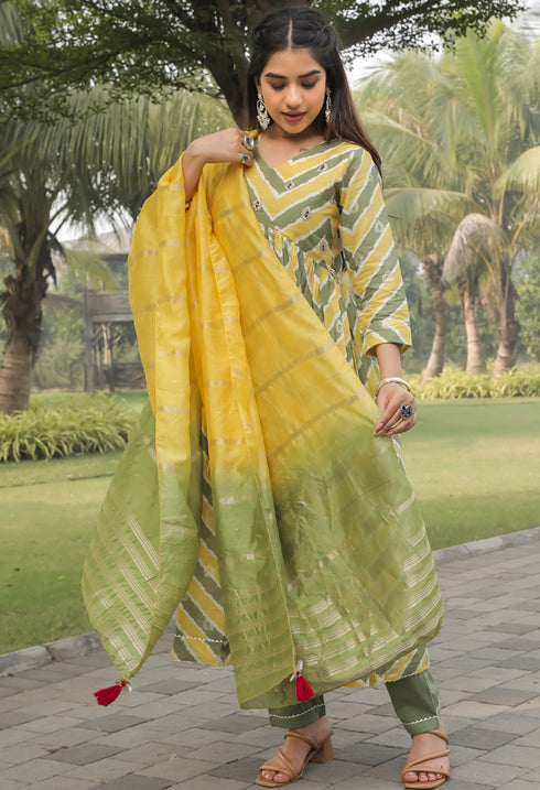 Yellow & Green Pure Cotton Jaipuri Printed And Embroidered Kurta Set With Dupatta