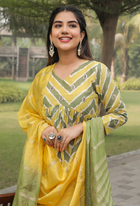 Yellow & Green Pure Cotton Jaipuri Printed And Embroidered Kurta Set With Dupatta
