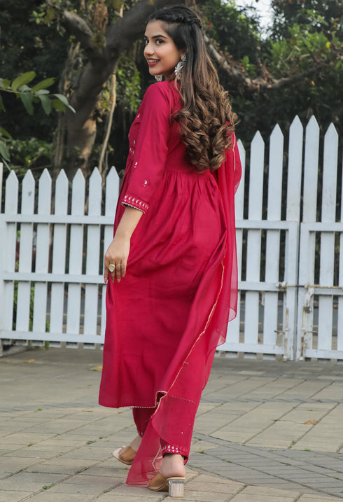 Pink Poly Silk Embroidered Kurta Set With Dupatta