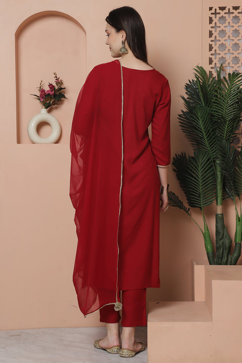 Maroon Rayon Slub Embroidered Straight Kurta & Pant With Dupatta