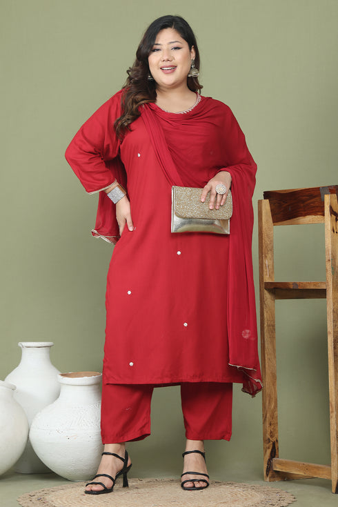 Maroon Rayon Slub Solid Kurta & Pant With Dupatta