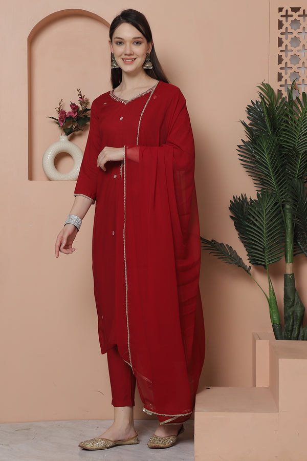 Maroon Rayon Slub Embroidered Straight Kurta & Pant With Dupatta