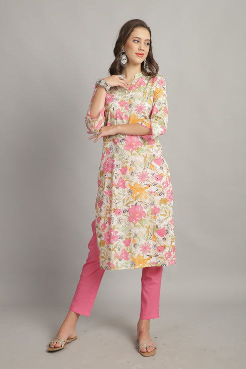 Multicolor Pure Cotton Embroidered Straight Kurta & Pant With Dupatta